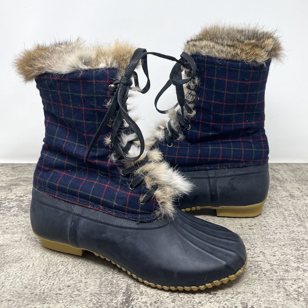 J. Crew plaid navy blue real fur duck boots, fur-lined rain boots, size 9 - Picture 9 of 9